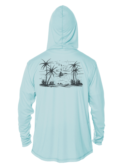 A light blue hoodie with a beach image.