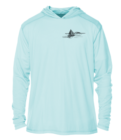 A performance hoodie with an image of a sailboat.