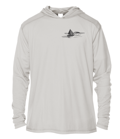 The men's hoodie has an image of a sailboat on it.
