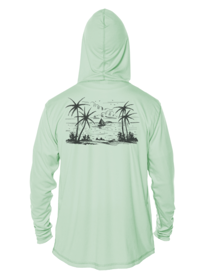 A men's green hoodie with an image of palm trees.