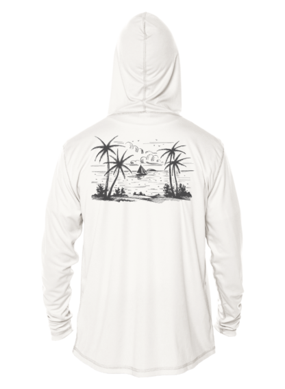 A white hoodie with an image of a beach and palm trees, perfect as a UV shirt for sun protection.