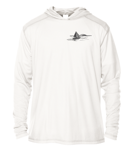 A white hoodie with an image of a sailboat, perfect as a solar shirt.