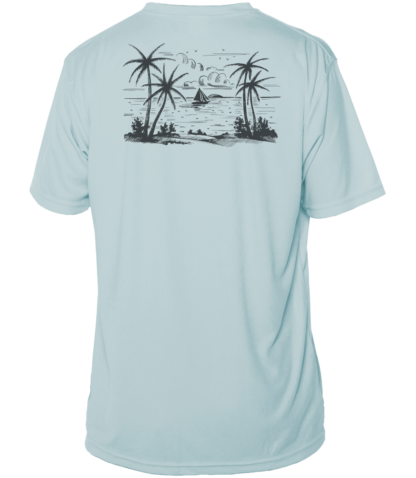 A light blue UV shirt with an image of palm trees and a boat.