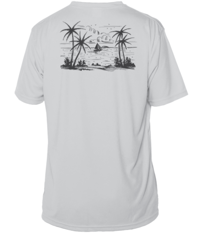 A performance shirt with an image of palm trees and a boat.