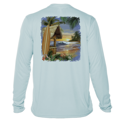 A long-sleeve rash guard with a surfboard and palm trees.