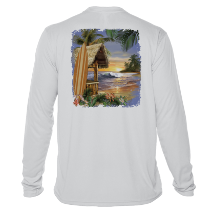 A white long-sleeve rash guard with a surfboard and palm trees.