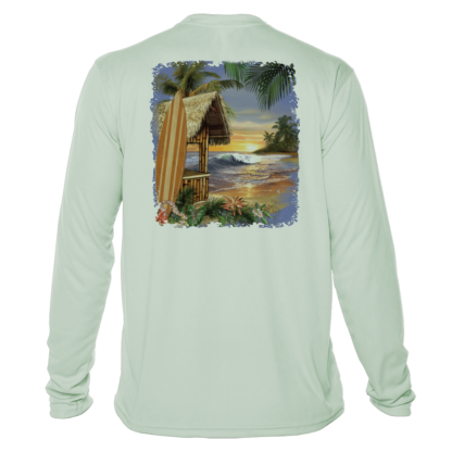 A men's sun shirt with surfboard and palm trees.