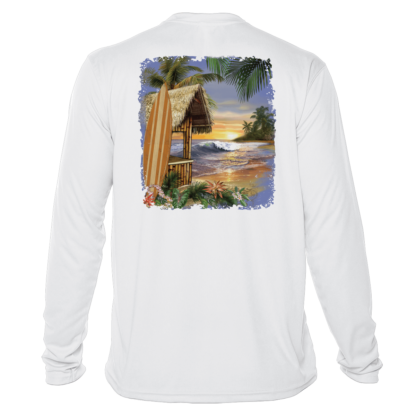 A white long-sleeve performance shirt with a surfboard and palm trees.