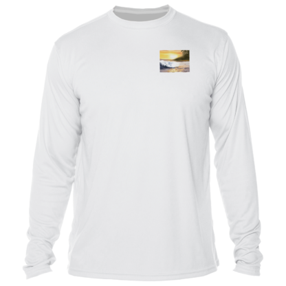 A white long sleeve UV shirt with an image of a sunset.