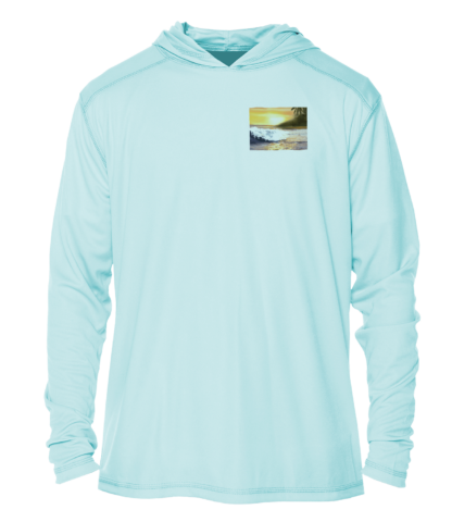 A men's performance shirt with an image of the ocean.