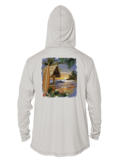 A white rash guard hoodie with an image of a beach and a surfboard.