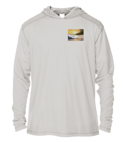 A gray hoodie with a sunset image.