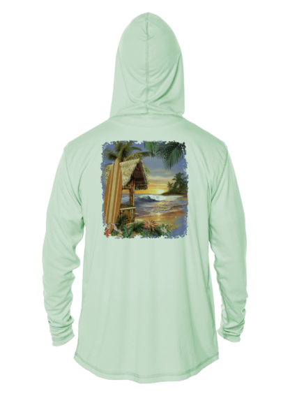 A beach-themed hoodie with an image of a surfboard.