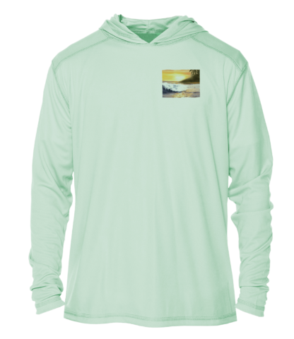 A men's green hoodie with an image of a sunset.