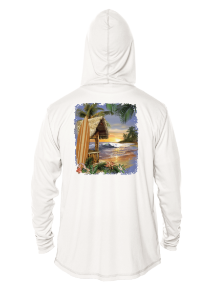 A white hoodie with an image of a beach hut and palm trees, suitable for performance activities.