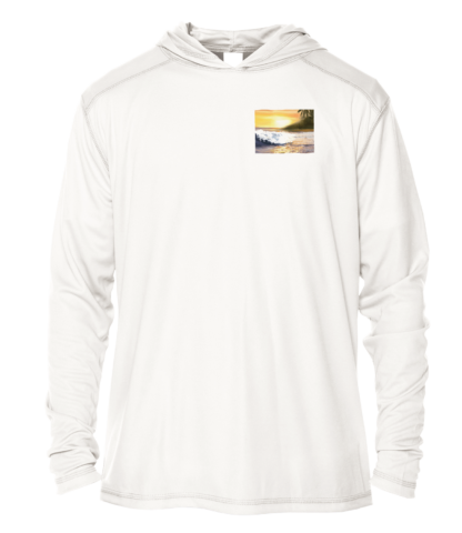 A white hoodie with an image of a sunset - Sunset hoodie.
