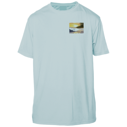 A blue sun-shielding t-shirt featuring a sunset image - perfect as a rash guard or UV shirt.