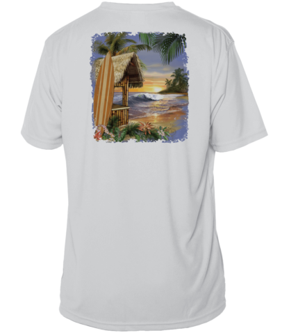 A sun shirt with an image of a beach hut and palm trees.