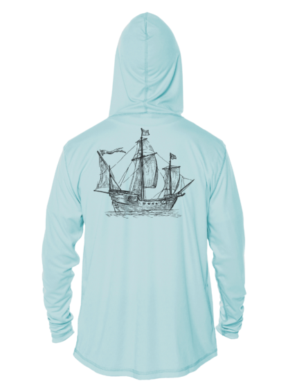 A light blue hoodie with a drawing of a ship and solar shirt features.