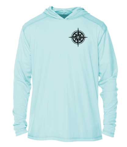 A light blue hoodie with a compass on it, perfect as a performance shirt.