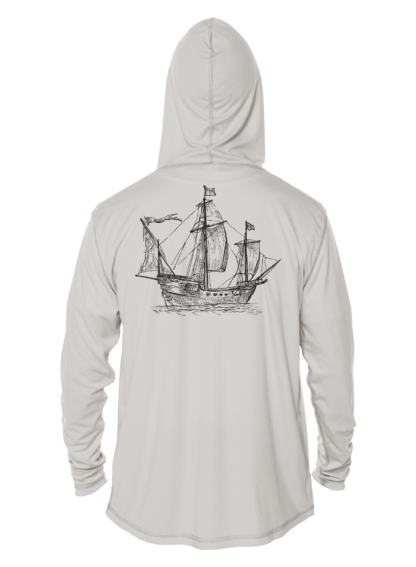 A white performance shirt with a drawing of a ship on it.