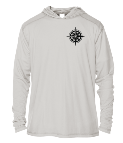 A white hoodie with a compass on it and UV protection.