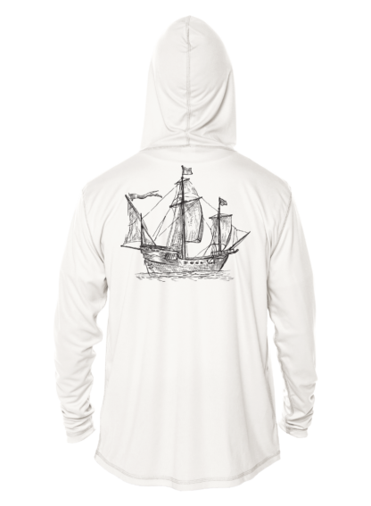 A white hoodie with a drawing of a ship on it, perfect for UV protection.