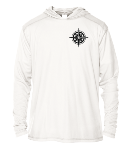 A white hoodie with a compass on it, perfect for outdoor adventures.