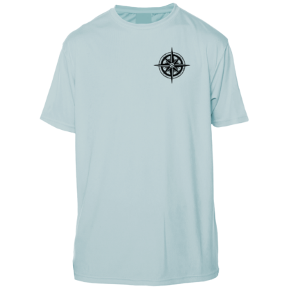 A light blue performance shirt with a compass on it.