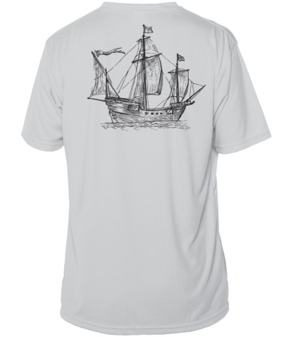A pearl grey UV shirt with an image of a sailing ship.