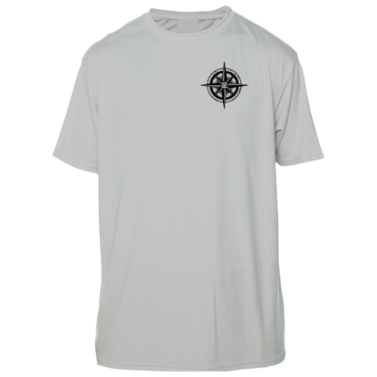 A grey sun shirt with a compass on it.