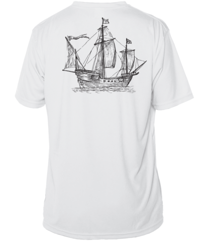 A white performance shirt with an image of a sailing ship.