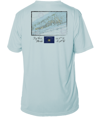 A Shrimp Road Surf Co - Navigation Chart Sun Shirt - UV Crew Short Sleeve with a map on it.