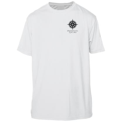 A Shrimp Road Surf Co - Navigation Chart Sun Shirt - UV Crew Short Sleeve shirt with a compass on it.