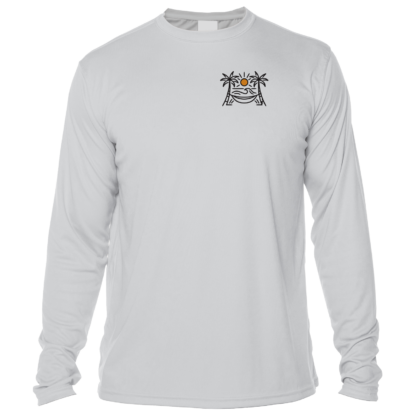 A gray long-sleeve Shrimp Road Surf Co - Local Vibe Sun Shirt - UV Crew Long Sleeve with an embroidered logo.