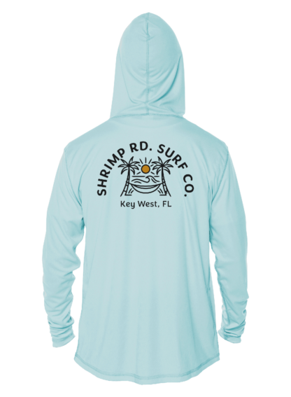 A Shrimp Road Surf Co - Local Vibe Sun Shirt - UV Hoodie with the words surf de surf co, also serving as a UV shirt.