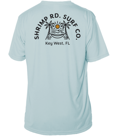 A Shrimp Road Surf Co - Local Vibe Sun Shirt - UV Crew Short Sleeve that says shrimp rd surf co.