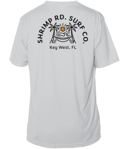 A white Shrimp Road Surf Co - Local Vibe Sun Shirt - UV Crew Short Sleeve that says shrimp rd surf co.