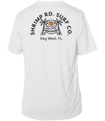 A white Shrimp Road Surf Co - Local Vibe Sun Shirt - UV Crew Short Sleeve with shrimp RD surf co. branding.