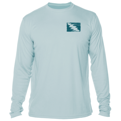 Grateful Diver Dive Tanks UV Shirt in arctic blue front shot off figure