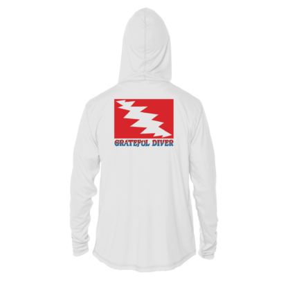 Grateful Diver Classic UV Shirt Hoodie in white back shot off figure