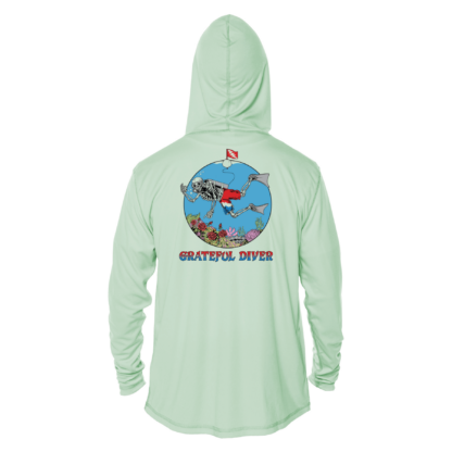 A Grateful Diver Skeleton Diver UPF 50+ Hoodie with an image of a man on a boat.