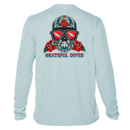 A light blue long sleeve Grateful Diver Sugar Skull UV Shirt with a skull and roses on it.