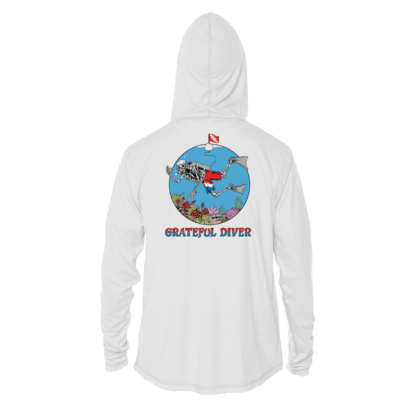 A Grateful Diver Skeleton Diver UPF 50+ Hoodie with an image of a man riding a surfboard. This swim shirt offers sun protective clothing benefits and is perfect for those in need of UPF clothing.