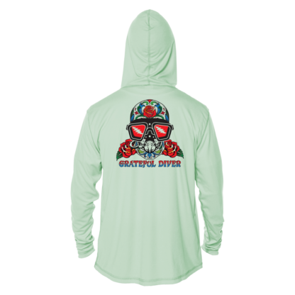 A Grateful Diver Sugar Skull UPF 50+ Hoodie with a skull and crossbones on it.