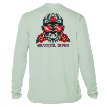 A long-sleeved Grateful Diver Sugar Skull UV Shirt with a skull and roses design.