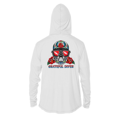 A Grateful Diver Sugar Skull UPF 50+ Hoodie, also serving as sun protective clothing.