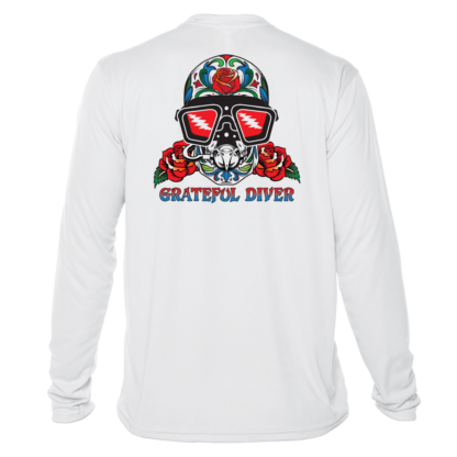A white long-sleeve Grateful Diver Sugar Skull UV Shirt with a skull and roses on it.