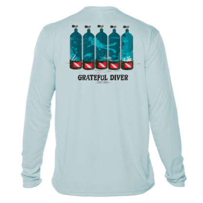 Grateful Diver Dive Tanks UV Shirt in arctic blue back shot off figure