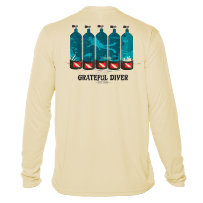 Grateful Diver Dive Tanks UV Shirt in pale yellow back shot off figure